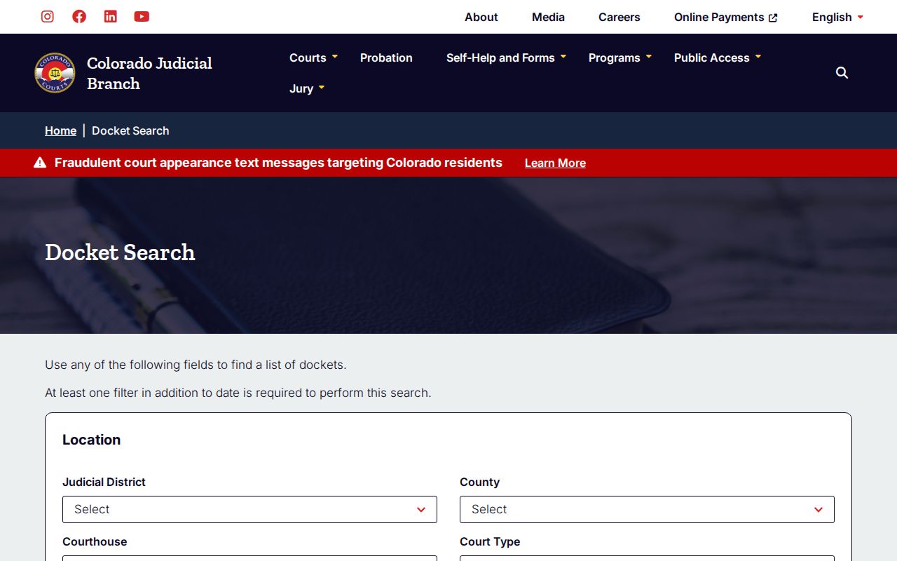 Colorado court docket filters for an Adams County case