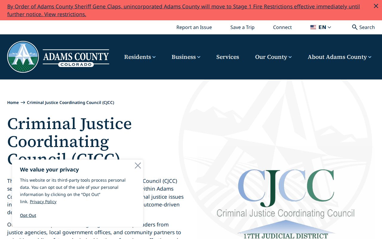 Adams County CJCC page with Fresh Start program resources