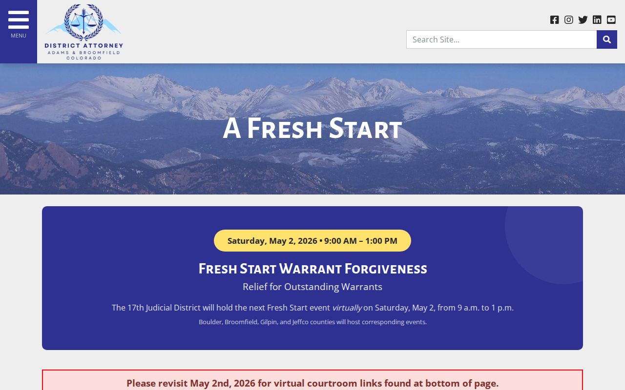 Adams County Fresh Start warrant forgiveness eligibility details
