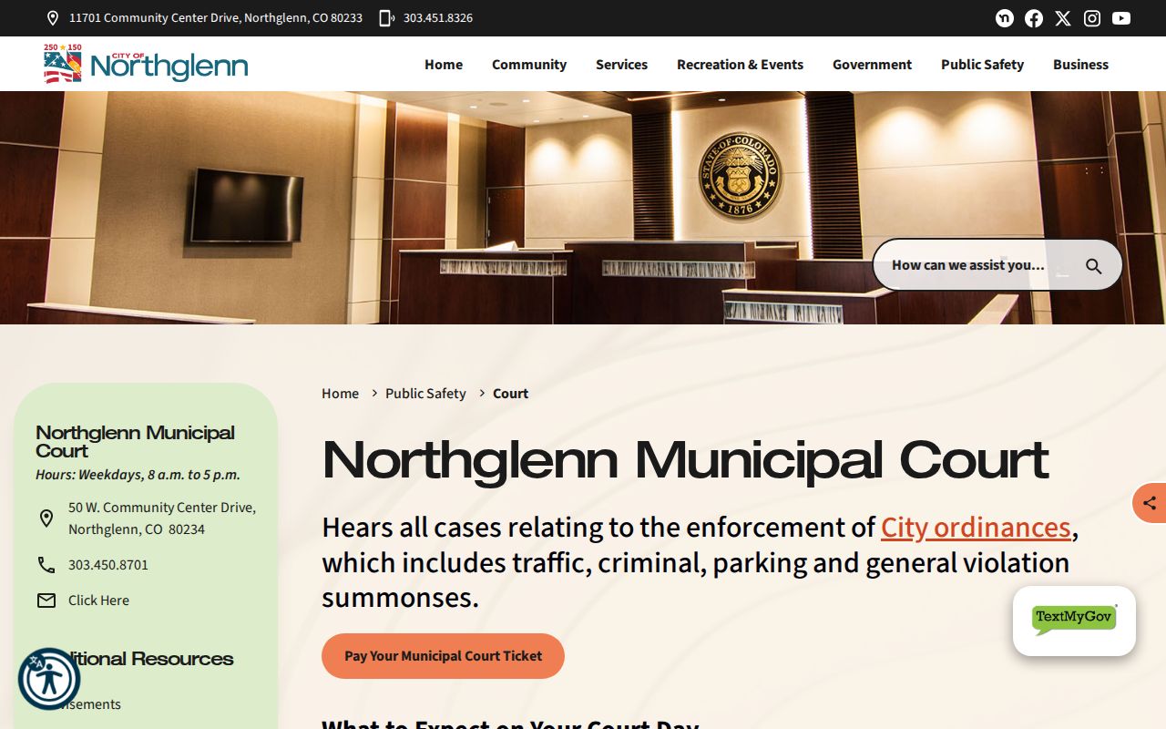 Northglenn court landing page for an Adams County traffic warrant