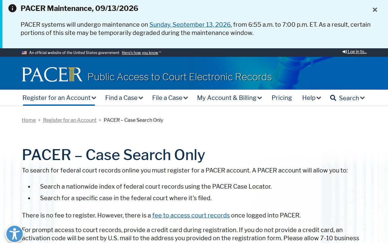 Official PACER federal case search registration interface