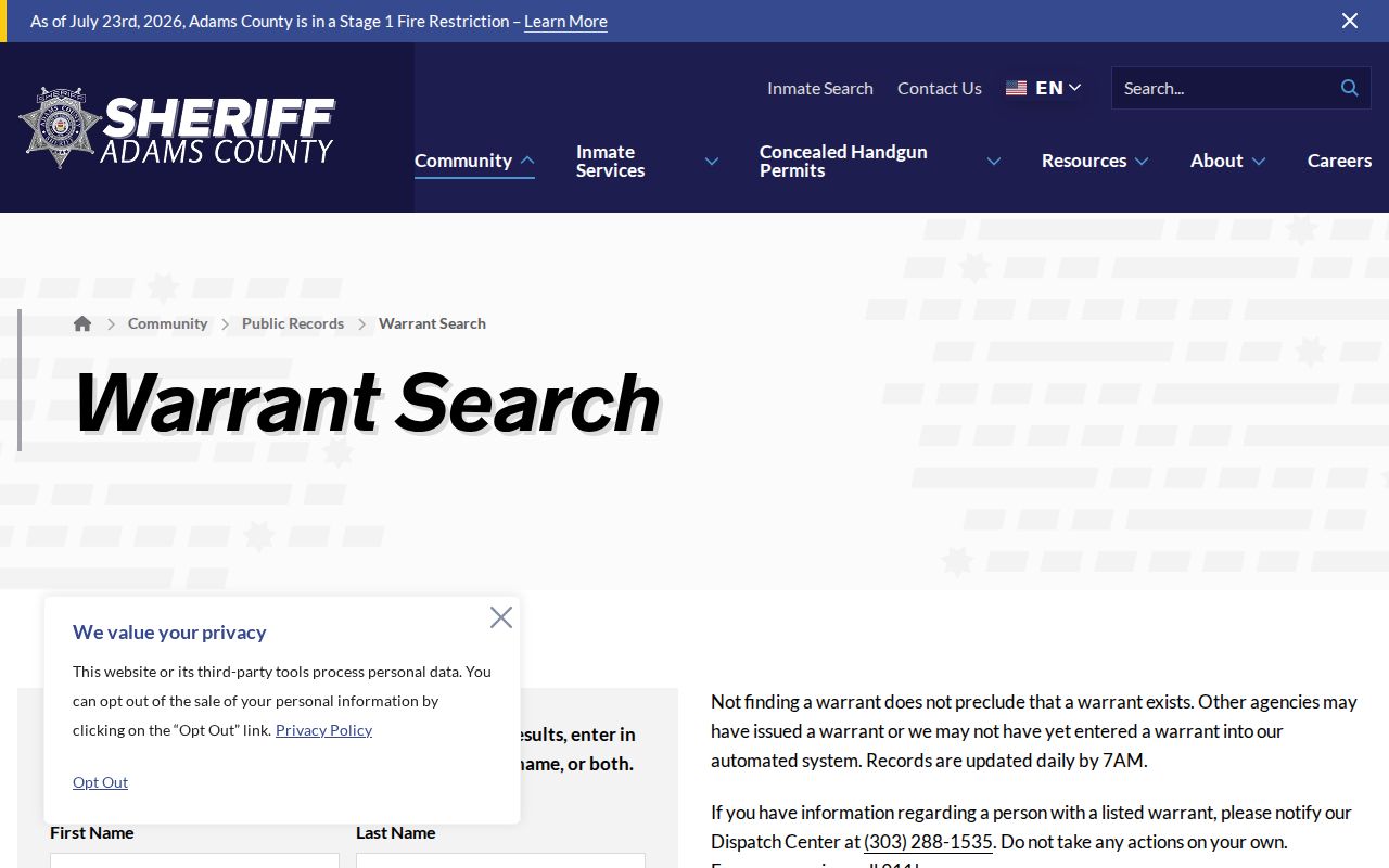 Adams County Sheriff's Office warrant search fields