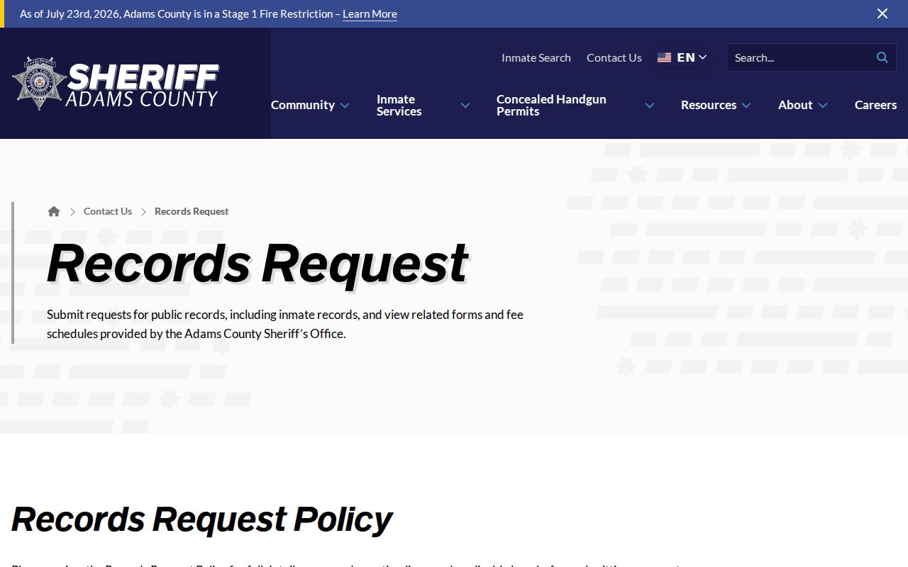 Adams County Sheriff's Office records request forms and policy