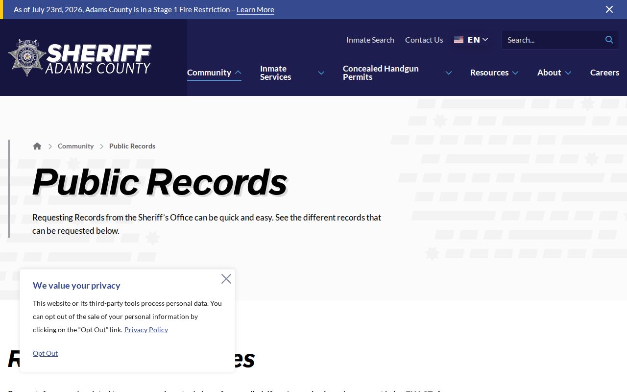 Adams County Sheriff's Office warrant and public records links
